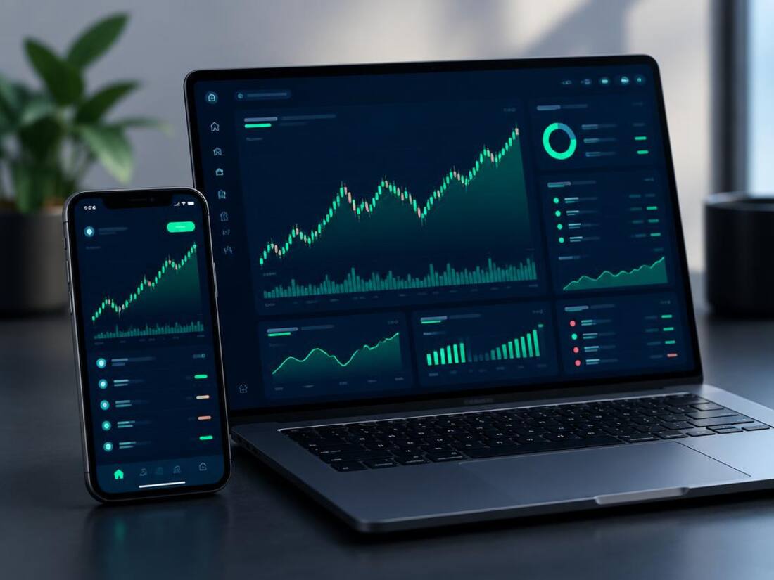 Norden Core trading app dashboard on smartphone and laptop showing live profit charts